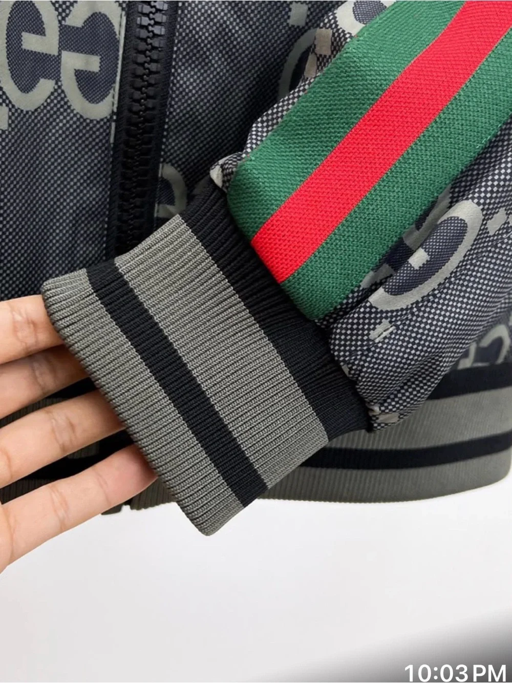 Gucci Gray GG Monogram Bomber Jacket with Green-Red Stripe